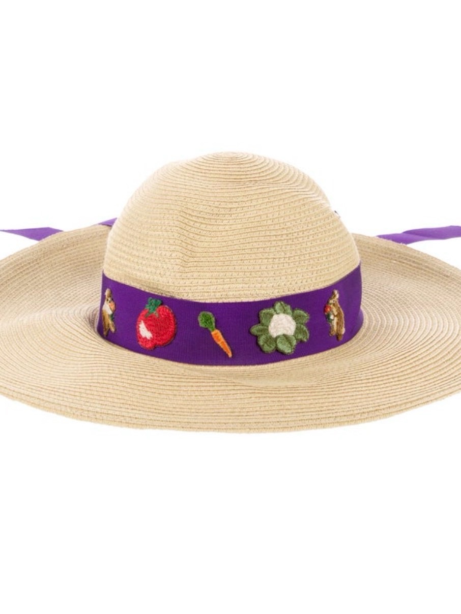 Nwt - Gucci Straw Sun Hat With Purple And Embroidered Patches